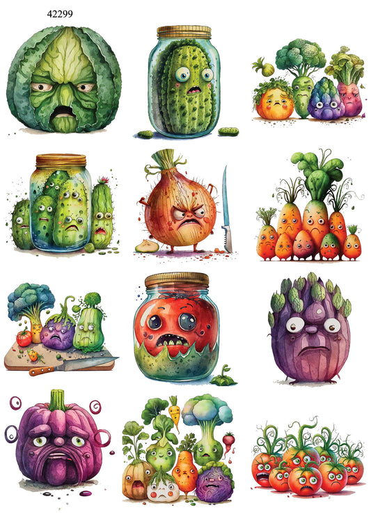 Grump Vegetables - Ceramic Decals- Enamel Decal - Fusible Decal - Glass Fusing Decal ~ Waterslide Decal - 45559